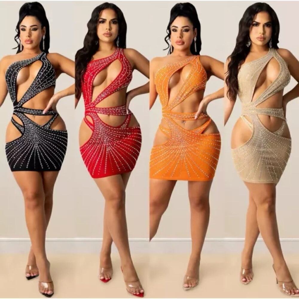 🦋B2G1🦋WESTERN FASHION One-shoulder Rhinestone Mesh Hollow Out Mini Dress & Panty - Picture 3 of 5